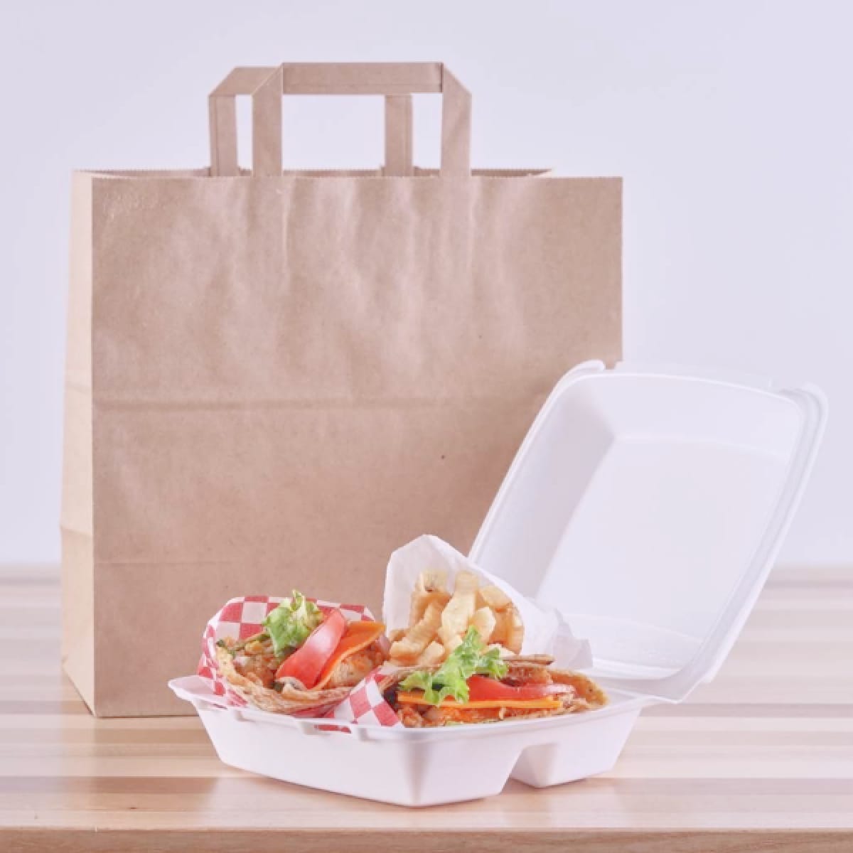 Punga hartie natur, delivery, take away, cu maner plat, 6 dimensiuni disponibile - 32x17x34.50cm - 250 bucati / set - imagine 1