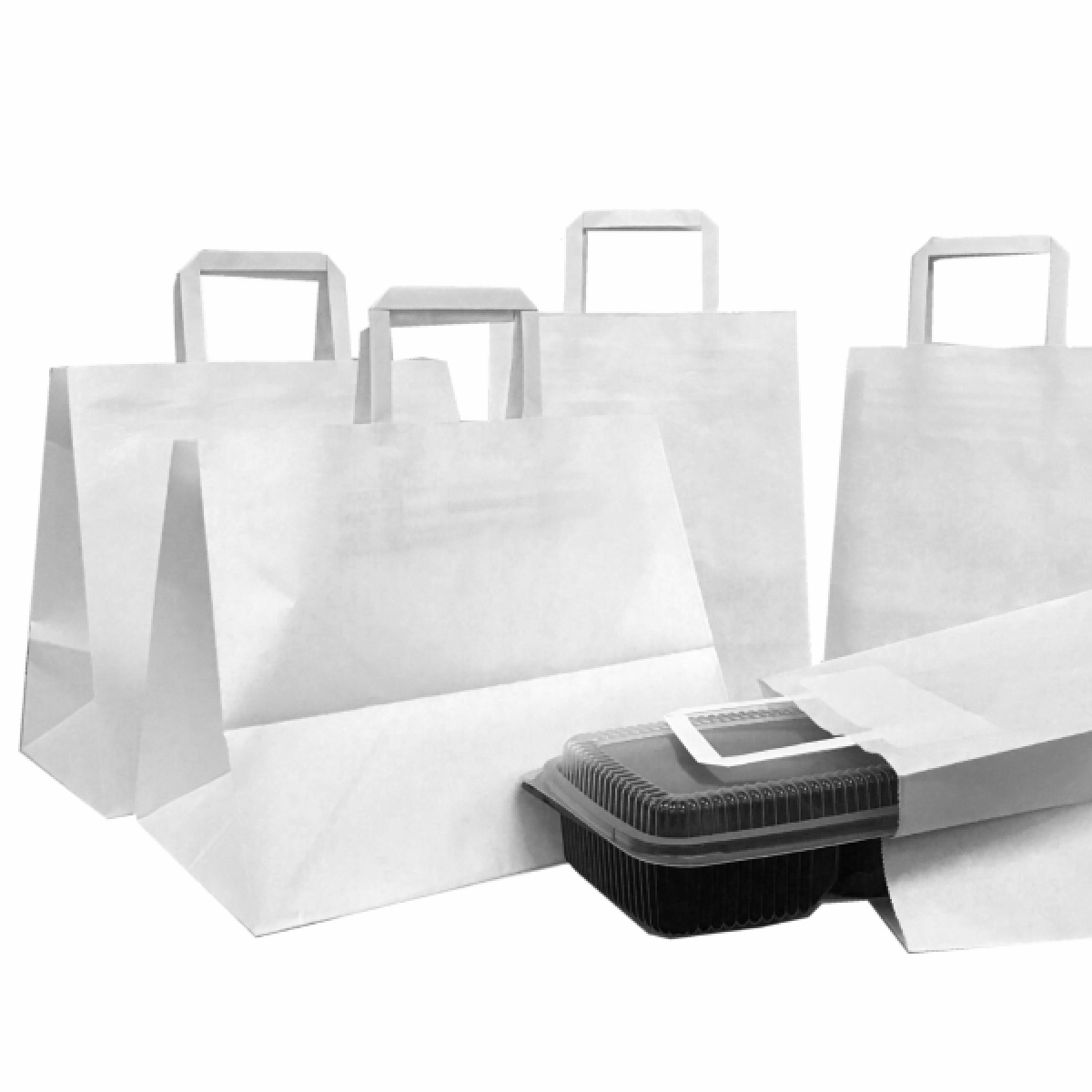 Punga hartie alba, delivery, cu maner plat, take away, 3 dimensiuni - 30x20x33cm - 250 buc. - imagine 1